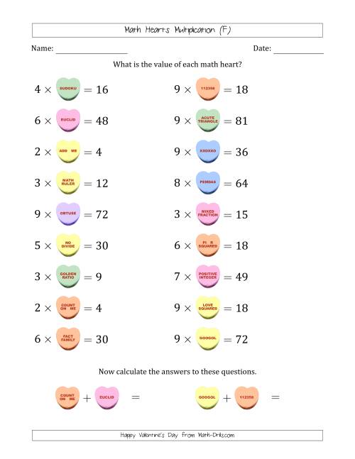 The Math Hearts Multiplication with Factors from 2 to 9 and Missing Factors from 2 to 9 (F) Math Worksheet