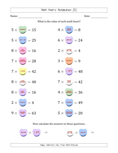 The Math Hearts Multiplication with Factors from 2 to 9 and Missing Factors from 2 to 9 (G) Math Worksheet