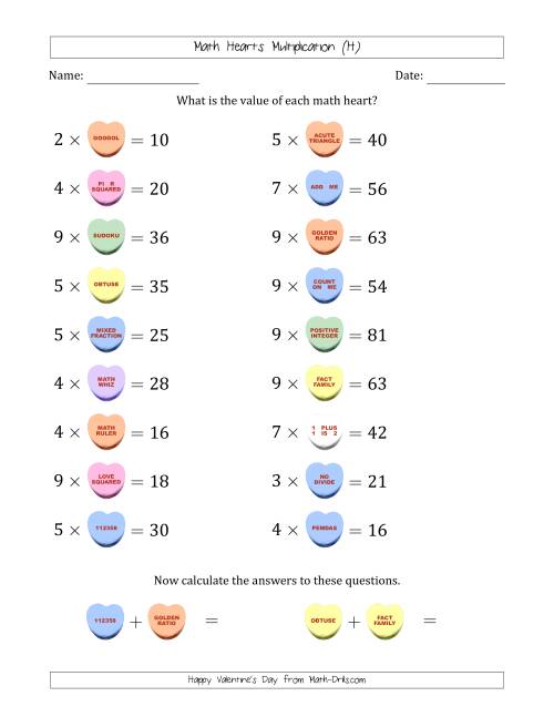 The Math Hearts Multiplication with Factors from 2 to 9 and Missing Factors from 2 to 9 (H) Math Worksheet