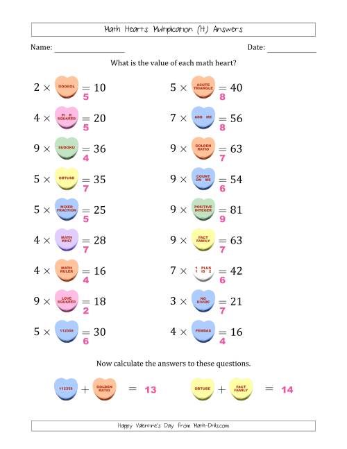 The Math Hearts Multiplication with Factors from 2 to 9 and Missing Factors from 2 to 9 (H) Math Worksheet Page 2
