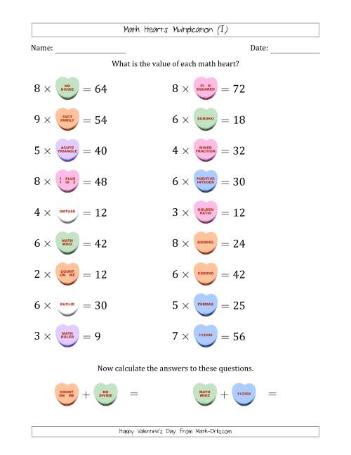 The Math Hearts Multiplication with Factors from 2 to 9 and Missing Factors from 2 to 9 (I) Math Worksheet