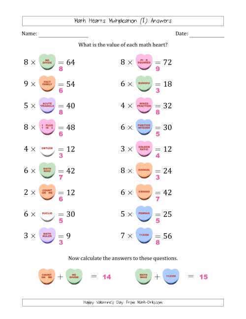 The Math Hearts Multiplication with Factors from 2 to 9 and Missing Factors from 2 to 9 (I) Math Worksheet Page 2