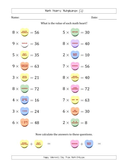 The Math Hearts Multiplication with Factors from 2 to 9 and Missing Factors from 2 to 9 (J) Math Worksheet