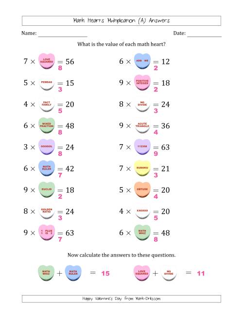 The Math Hearts Multiplication with Factors from 2 to 9 and Missing Factors from 2 to 9 (All) Math Worksheet Page 2