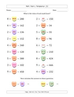 Math Hearts Multiplication with Factors from 2 to 9 and Missing Factors from 10 to 99