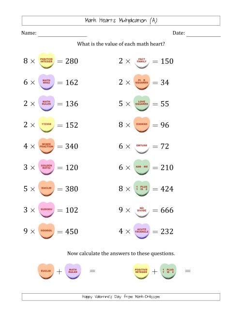 The Math Hearts Multiplication with Factors from 2 to 9 and Missing Factors from 10 to 99 (A) Math Worksheet
