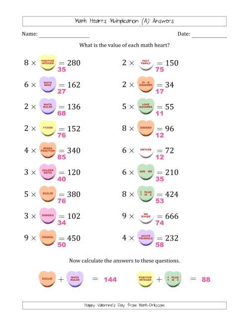 The Math Hearts Multiplication with Factors from 2 to 9 and Missing Factors from 10 to 99 (A) Math Worksheet Page 2