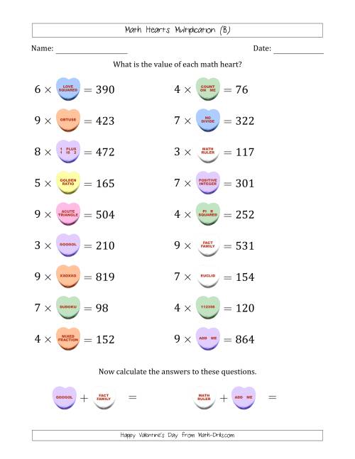 The Math Hearts Multiplication with Factors from 2 to 9 and Missing Factors from 10 to 99 (B) Math Worksheet