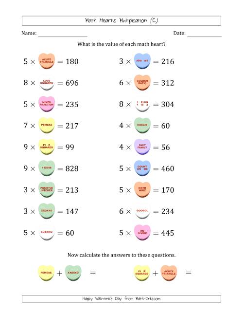 The Math Hearts Multiplication with Factors from 2 to 9 and Missing Factors from 10 to 99 (C) Math Worksheet