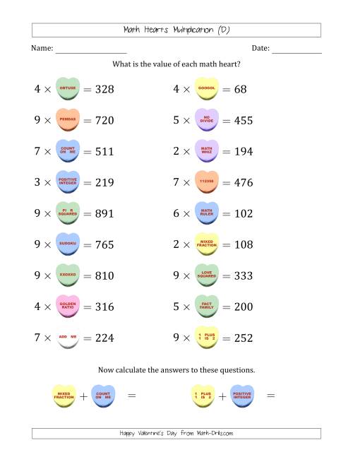 The Math Hearts Multiplication with Factors from 2 to 9 and Missing Factors from 10 to 99 (D) Math Worksheet