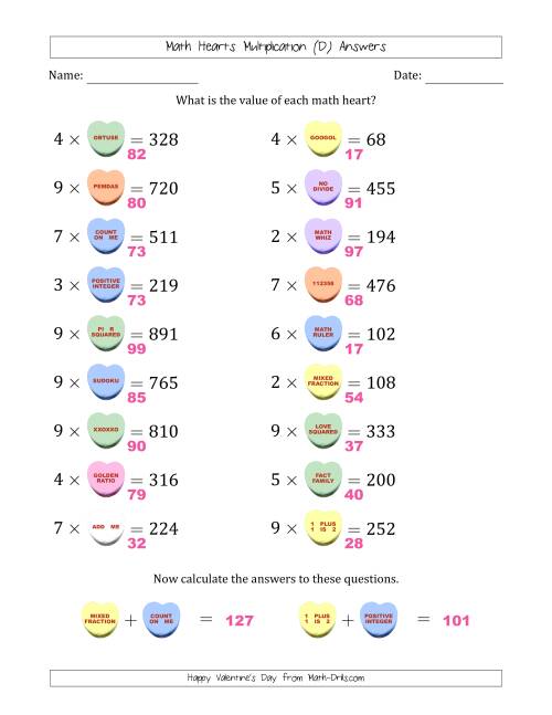 The Math Hearts Multiplication with Factors from 2 to 9 and Missing Factors from 10 to 99 (D) Math Worksheet Page 2