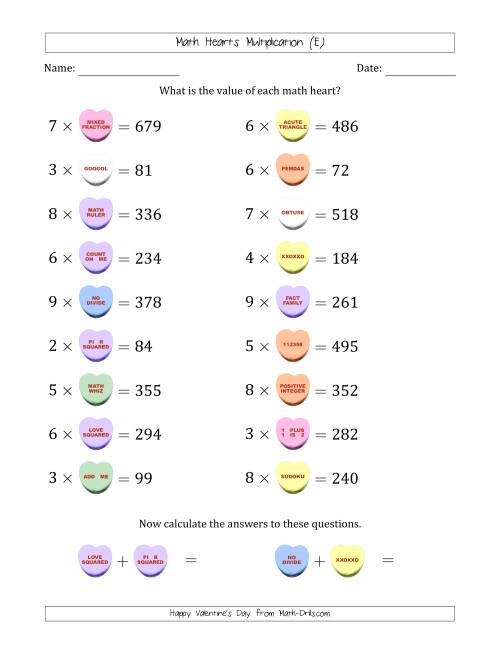 The Math Hearts Multiplication with Factors from 2 to 9 and Missing Factors from 10 to 99 (E) Math Worksheet