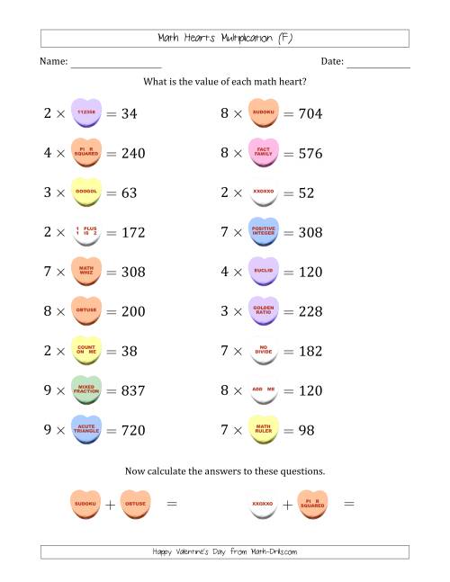 The Math Hearts Multiplication with Factors from 2 to 9 and Missing Factors from 10 to 99 (F) Math Worksheet