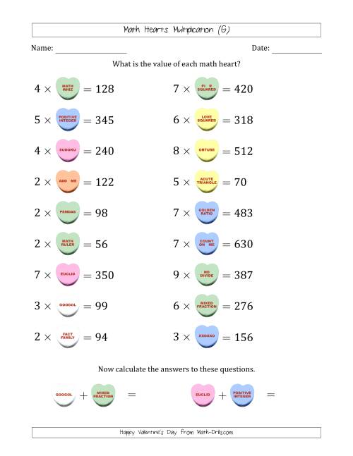 The Math Hearts Multiplication with Factors from 2 to 9 and Missing Factors from 10 to 99 (G) Math Worksheet