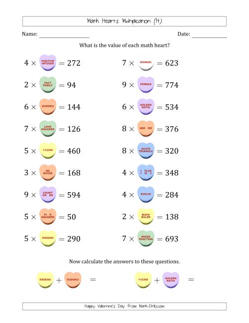 The Math Hearts Multiplication with Factors from 2 to 9 and Missing Factors from 10 to 99 (H) Math Worksheet