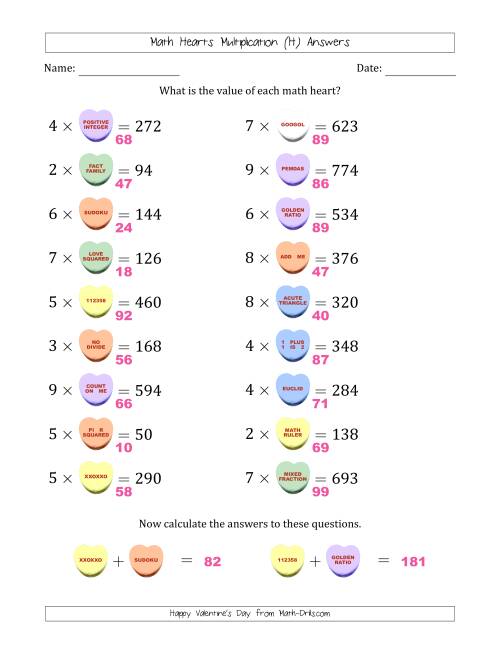 The Math Hearts Multiplication with Factors from 2 to 9 and Missing Factors from 10 to 99 (H) Math Worksheet Page 2