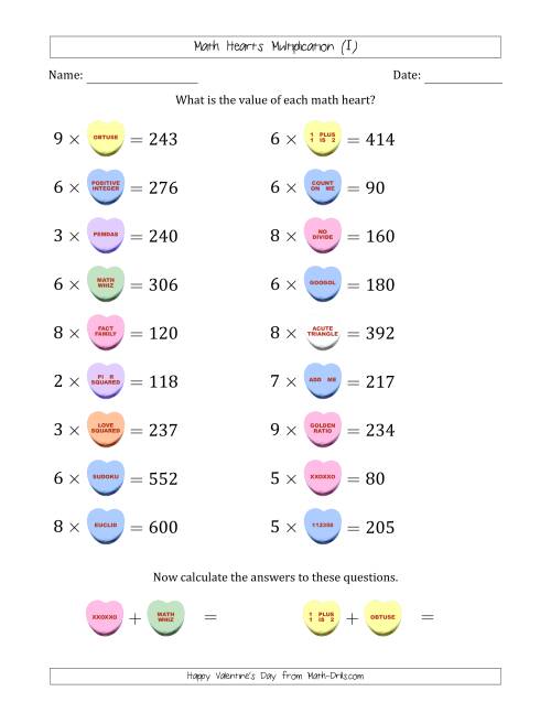The Math Hearts Multiplication with Factors from 2 to 9 and Missing Factors from 10 to 99 (I) Math Worksheet
