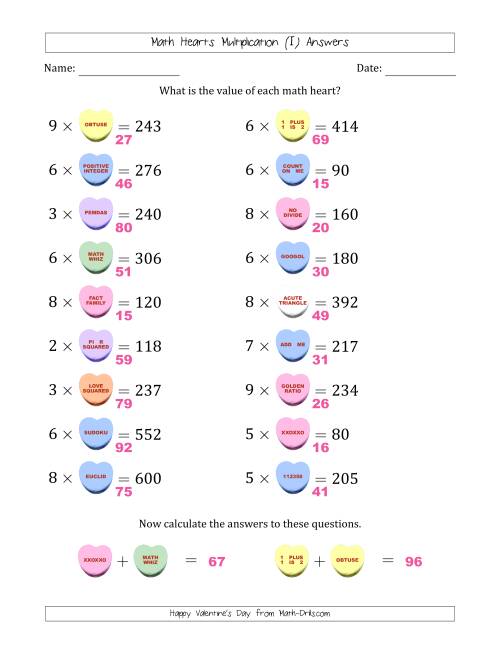 The Math Hearts Multiplication with Factors from 2 to 9 and Missing Factors from 10 to 99 (I) Math Worksheet Page 2