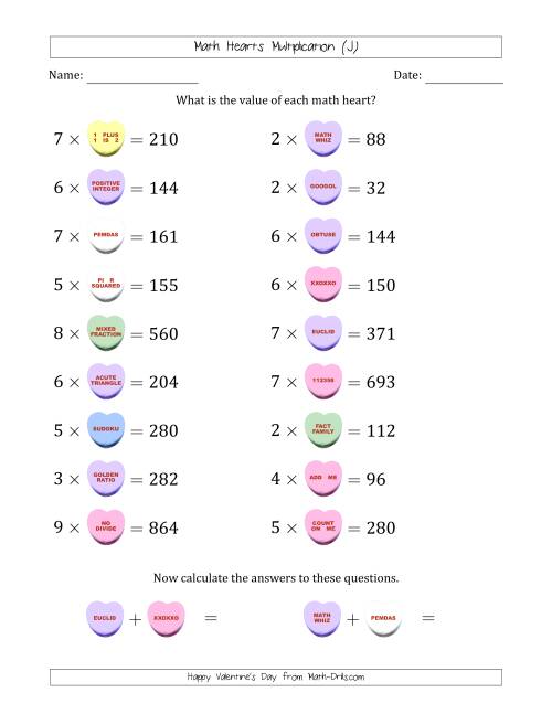 The Math Hearts Multiplication with Factors from 2 to 9 and Missing Factors from 10 to 99 (J) Math Worksheet