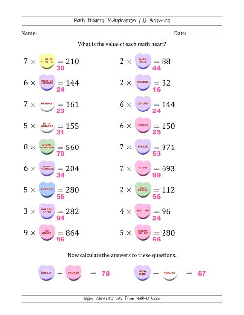 The Math Hearts Multiplication with Factors from 2 to 9 and Missing Factors from 10 to 99 (J) Math Worksheet Page 2