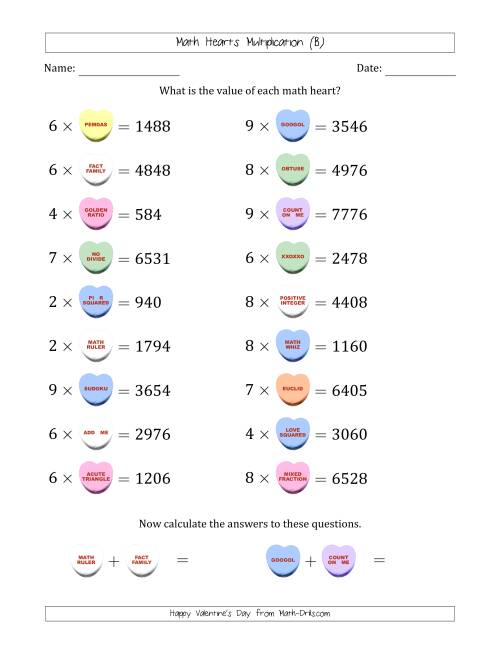 The Math Hearts Multiplication with Factors from 2 to 9 and Missing Factors from 100 to 999 (B) Math Worksheet