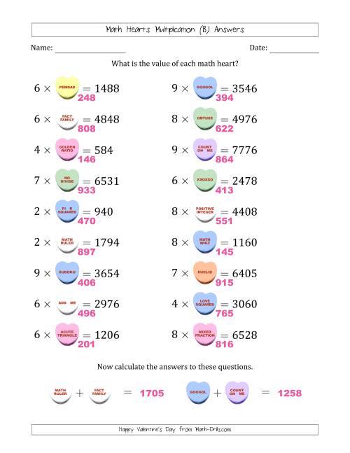 The Math Hearts Multiplication with Factors from 2 to 9 and Missing Factors from 100 to 999 (B) Math Worksheet Page 2