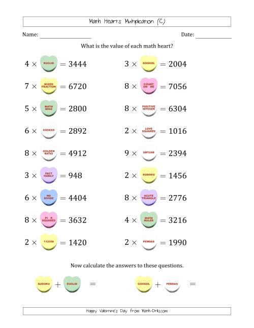 The Math Hearts Multiplication with Factors from 2 to 9 and Missing Factors from 100 to 999 (C) Math Worksheet