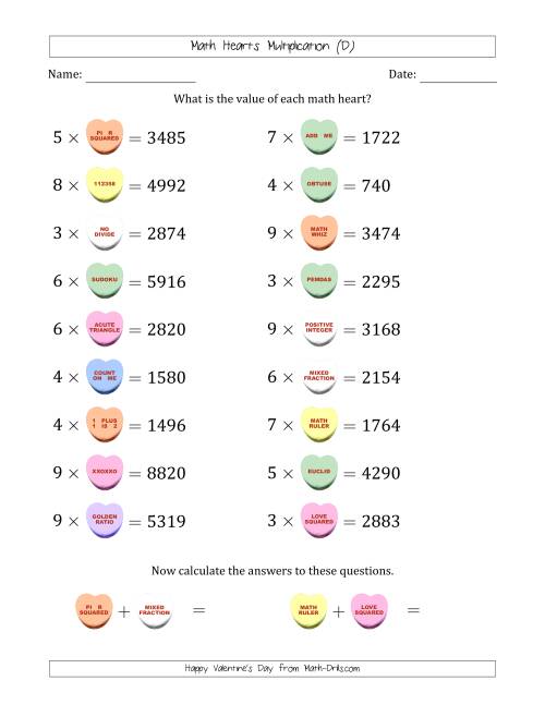 The Math Hearts Multiplication with Factors from 2 to 9 and Missing Factors from 100 to 999 (D) Math Worksheet