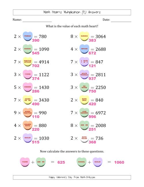 The Math Hearts Multiplication with Factors from 2 to 9 and Missing Factors from 100 to 999 (E) Math Worksheet Page 2