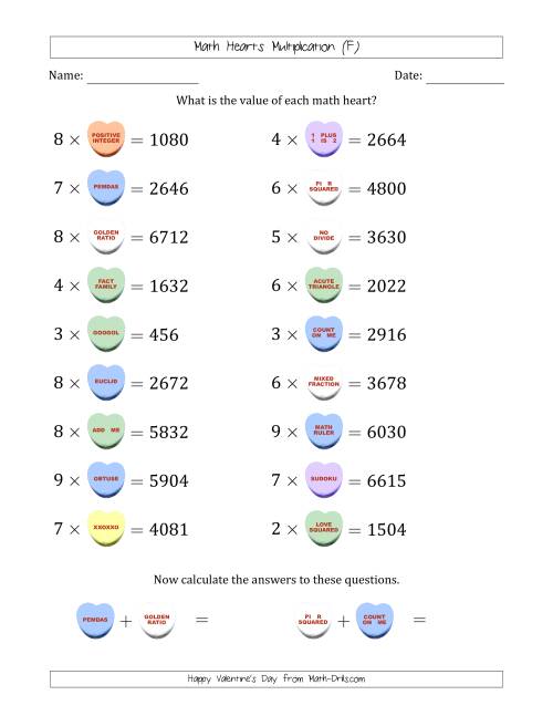 The Math Hearts Multiplication with Factors from 2 to 9 and Missing Factors from 100 to 999 (F) Math Worksheet