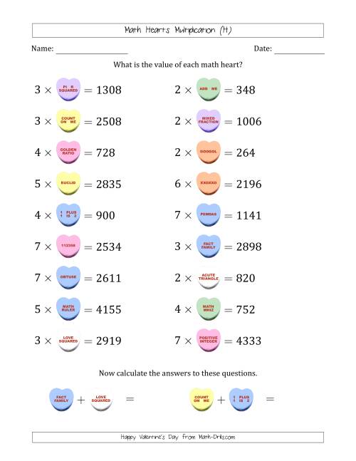 The Math Hearts Multiplication with Factors from 2 to 9 and Missing Factors from 100 to 999 (H) Math Worksheet