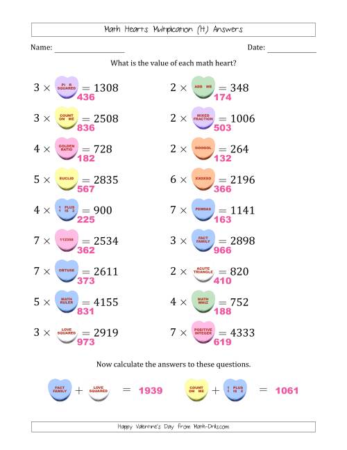 The Math Hearts Multiplication with Factors from 2 to 9 and Missing Factors from 100 to 999 (H) Math Worksheet Page 2