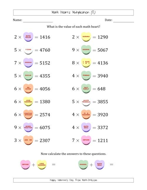 The Math Hearts Multiplication with Factors from 2 to 9 and Missing Factors from 100 to 999 (I) Math Worksheet