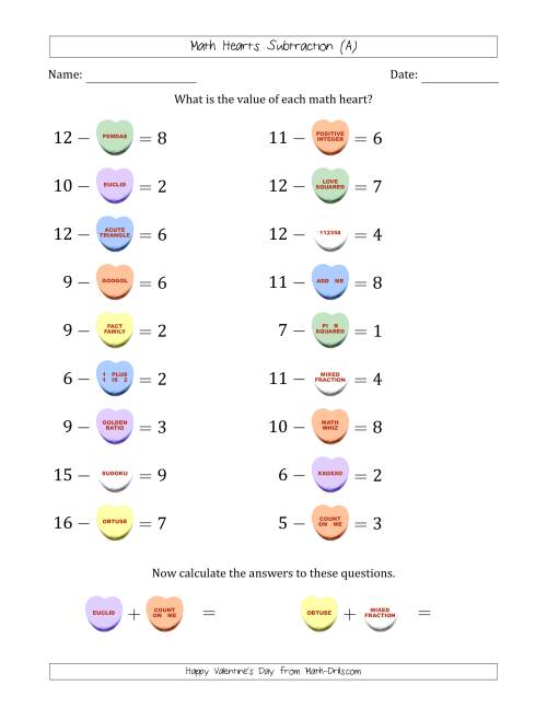 The Math Hearts Subtraction with Differences from 1 to 9 and Missing Subtrahends from 1 to 9 (A) Math Worksheet