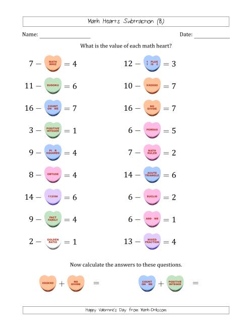 The Math Hearts Subtraction with Differences from 1 to 9 and Missing Subtrahends from 1 to 9 (B) Math Worksheet