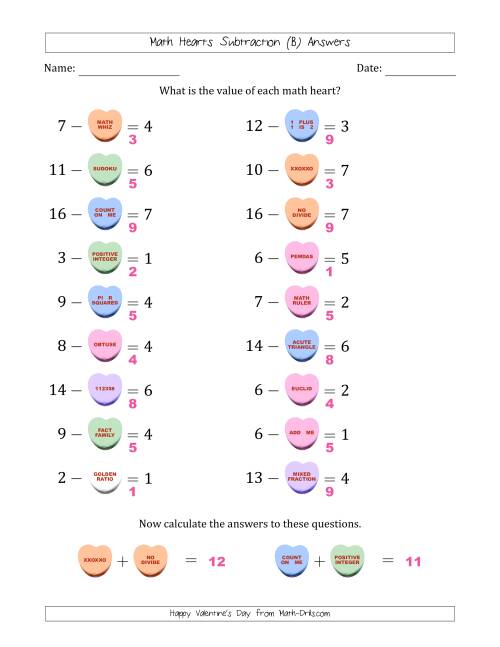 The Math Hearts Subtraction with Differences from 1 to 9 and Missing Subtrahends from 1 to 9 (B) Math Worksheet Page 2