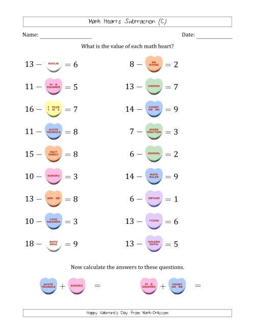 The Math Hearts Subtraction with Differences from 1 to 9 and Missing Subtrahends from 1 to 9 (C) Math Worksheet