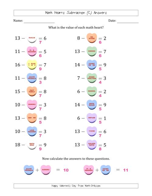 The Math Hearts Subtraction with Differences from 1 to 9 and Missing Subtrahends from 1 to 9 (C) Math Worksheet Page 2