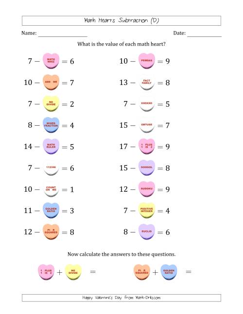 The Math Hearts Subtraction with Differences from 1 to 9 and Missing Subtrahends from 1 to 9 (D) Math Worksheet