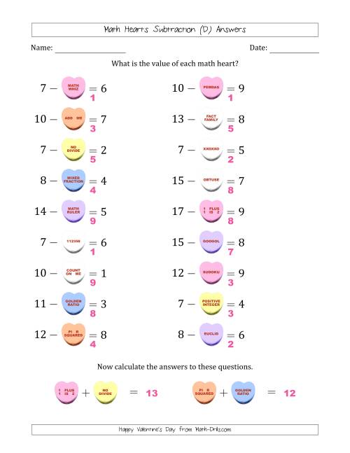 The Math Hearts Subtraction with Differences from 1 to 9 and Missing Subtrahends from 1 to 9 (D) Math Worksheet Page 2