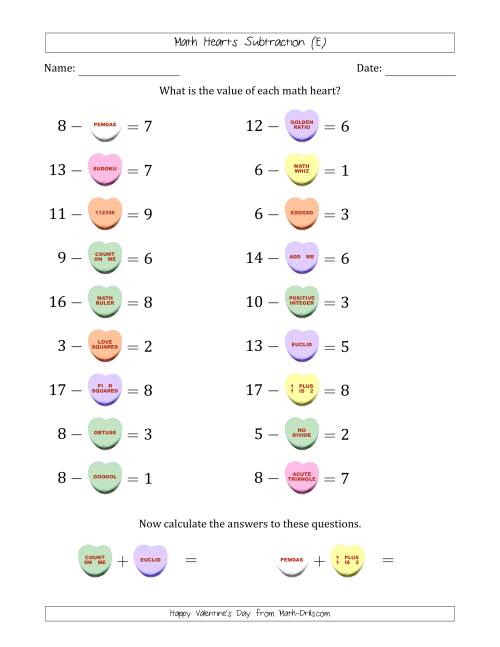 The Math Hearts Subtraction with Differences from 1 to 9 and Missing Subtrahends from 1 to 9 (E) Math Worksheet