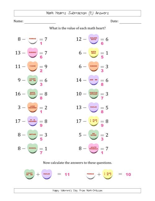 The Math Hearts Subtraction with Differences from 1 to 9 and Missing Subtrahends from 1 to 9 (E) Math Worksheet Page 2