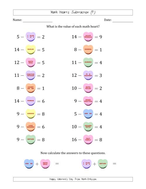 The Math Hearts Subtraction with Differences from 1 to 9 and Missing Subtrahends from 1 to 9 (F) Math Worksheet