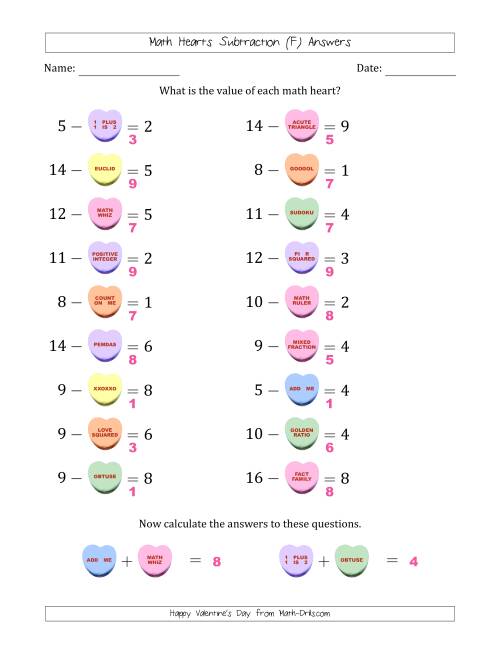 The Math Hearts Subtraction with Differences from 1 to 9 and Missing Subtrahends from 1 to 9 (F) Math Worksheet Page 2