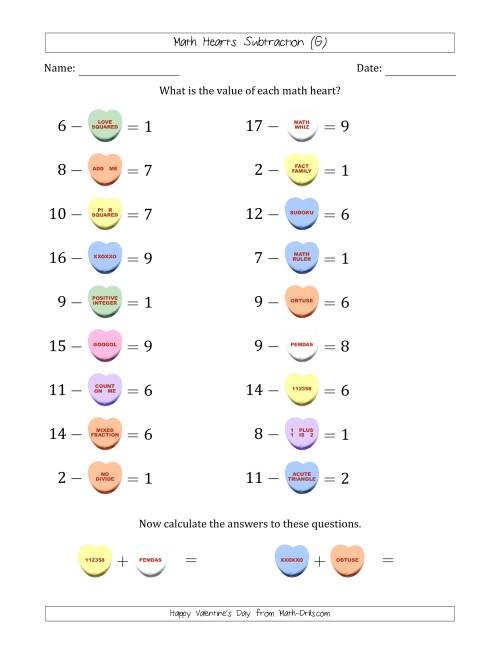 The Math Hearts Subtraction with Differences from 1 to 9 and Missing Subtrahends from 1 to 9 (G) Math Worksheet