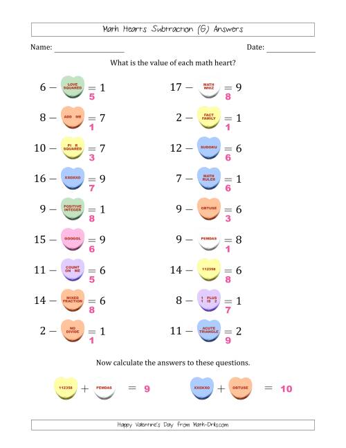 The Math Hearts Subtraction with Differences from 1 to 9 and Missing Subtrahends from 1 to 9 (G) Math Worksheet Page 2