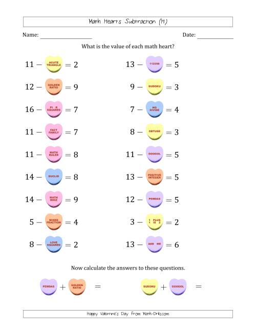 The Math Hearts Subtraction with Differences from 1 to 9 and Missing Subtrahends from 1 to 9 (H) Math Worksheet