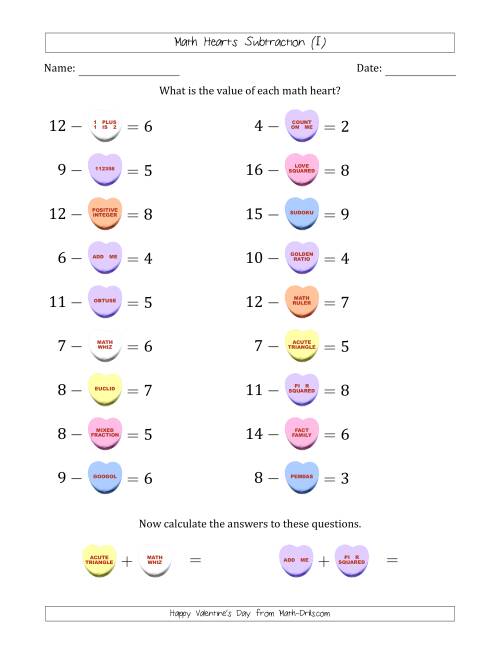 The Math Hearts Subtraction with Differences from 1 to 9 and Missing Subtrahends from 1 to 9 (I) Math Worksheet