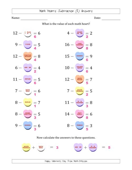 The Math Hearts Subtraction with Differences from 1 to 9 and Missing Subtrahends from 1 to 9 (I) Math Worksheet Page 2