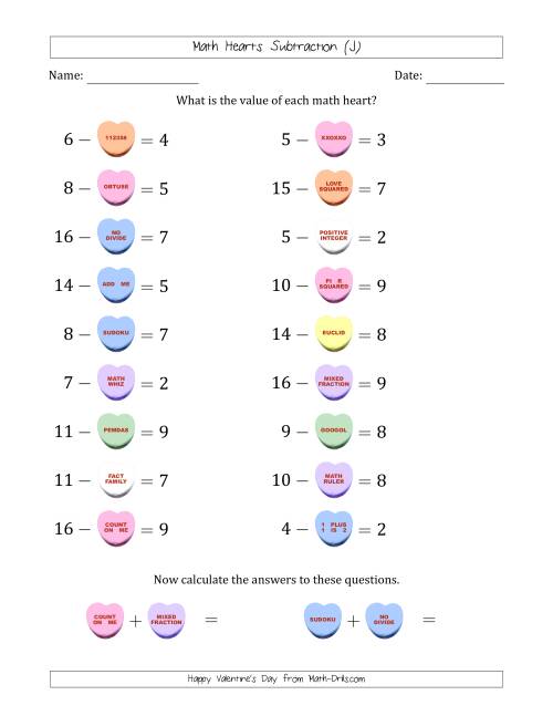 The Math Hearts Subtraction with Differences from 1 to 9 and Missing Subtrahends from 1 to 9 (J) Math Worksheet